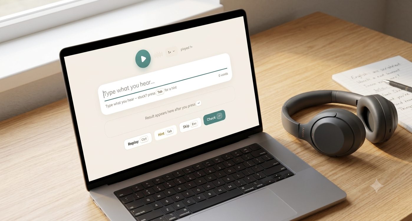 Headphones next to a laptop showing an English dictation exercise