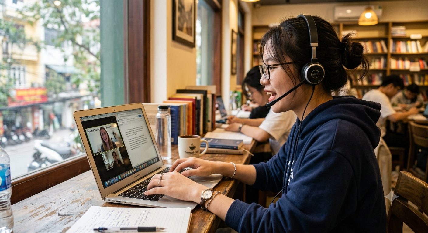 Người học vừa nói vừa gõ tiếng Anh trên laptop