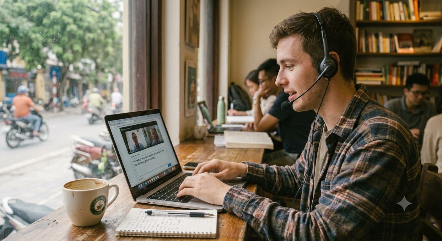 A learner speaking and typing English on a laptop