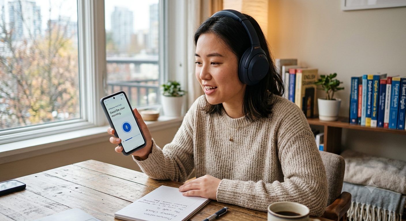 A person practicing English speaking with headphones and a phone