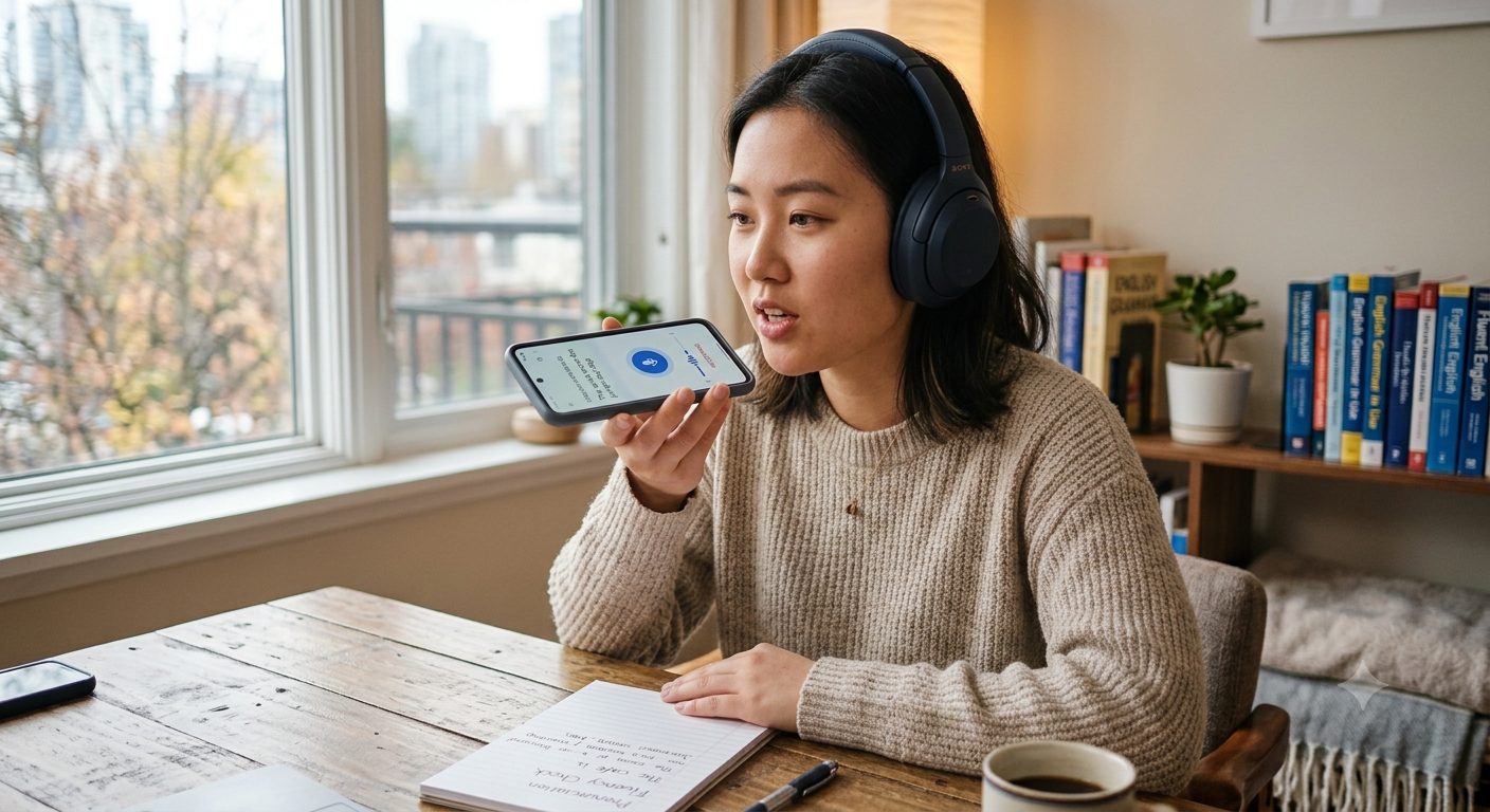 Người luyện nói tiếng Anh với tai nghe và điện thoại